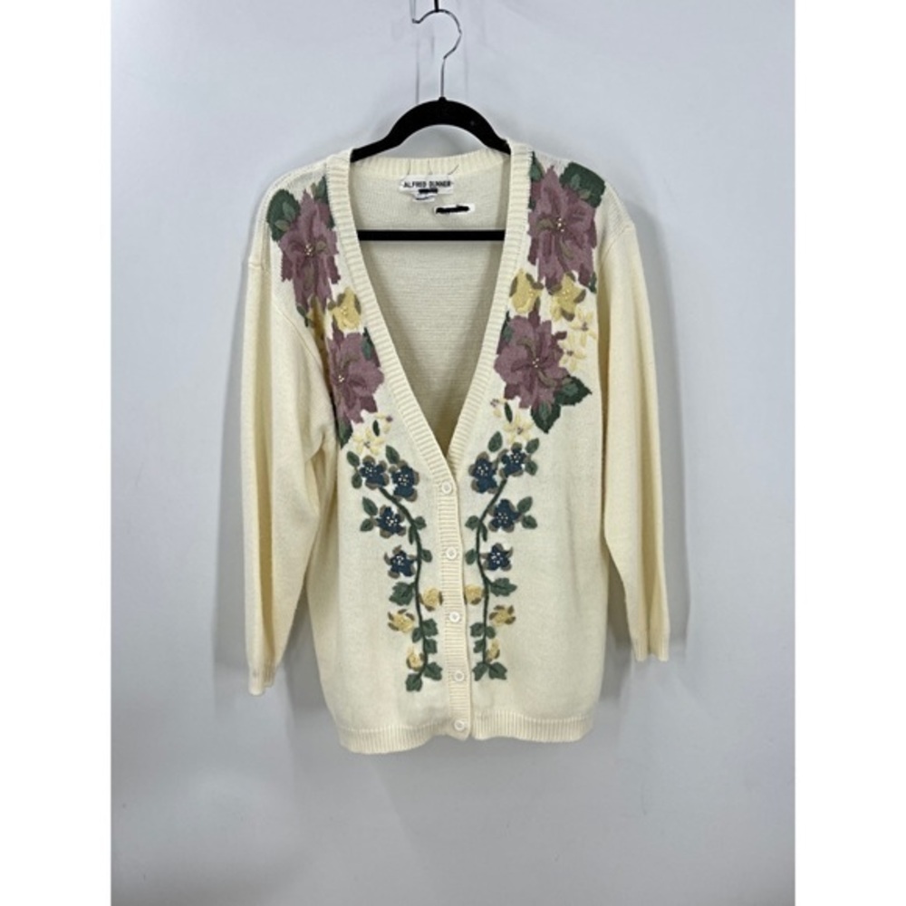 Vintage Alferd Dunner floral embroidered button front cardigan sweater L